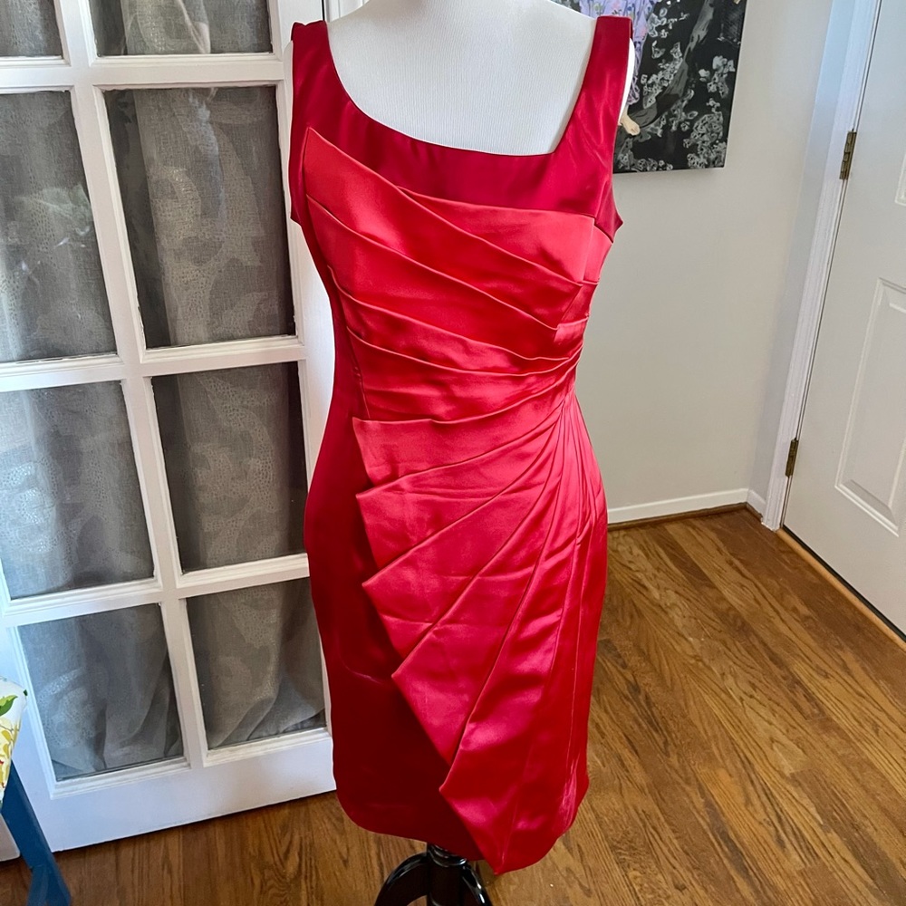 Karen Millen Red Fan-Panel Stretch Satin Wiggle Dress